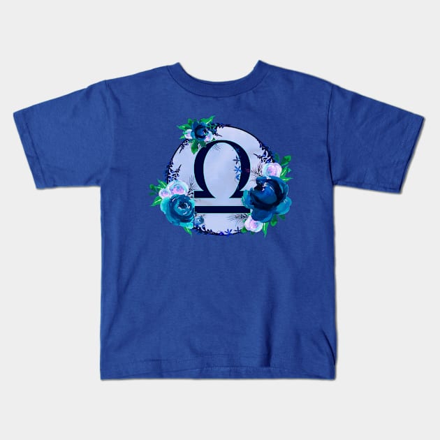 Libra Zodiac Horoscope Blue Floral Monogram Kids T-Shirt by bumblefuzzies